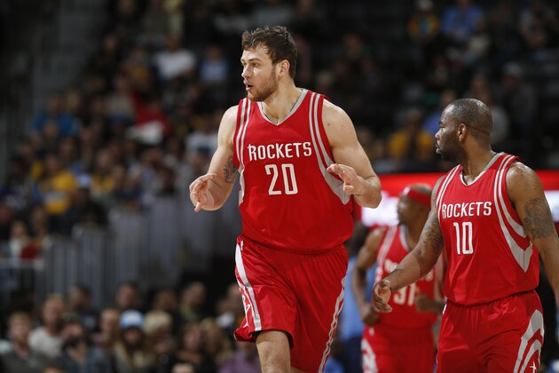 Houston Rockets forward Donatas Motiejunas (20) in the second half of an NBA basketball game Monday, Dec.14, 2015, in Denver. The Nuggets won 114-108. (AP Photo/David Zalubowski)