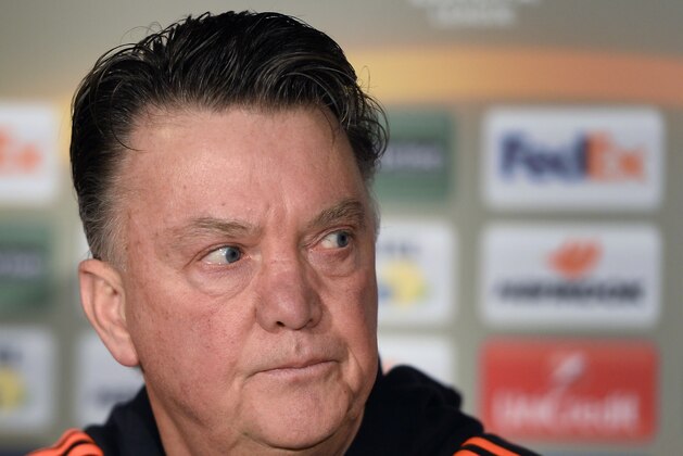 Manchester United coach Louis van Gaal gestures during a press conference in Herning, Denmark, Wednesday, Feb. 17, 2016.  Manchester United will face FC Midtjylland for their Europa League first leg match on Thursday. (Lars Poulsen/POLFOTO via AP) DENMARK OUT