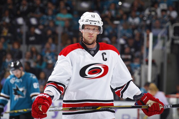 SAN JOSE, CA - OCTOBER 24: Eric Staal #12 of the Carolina Hurricanes looks on during the game against the San Jose Sharks at SAP Center on October 24, 2015 in San Jose, California. (Photo by Rocky W. Widner/NHL/Getty Images)