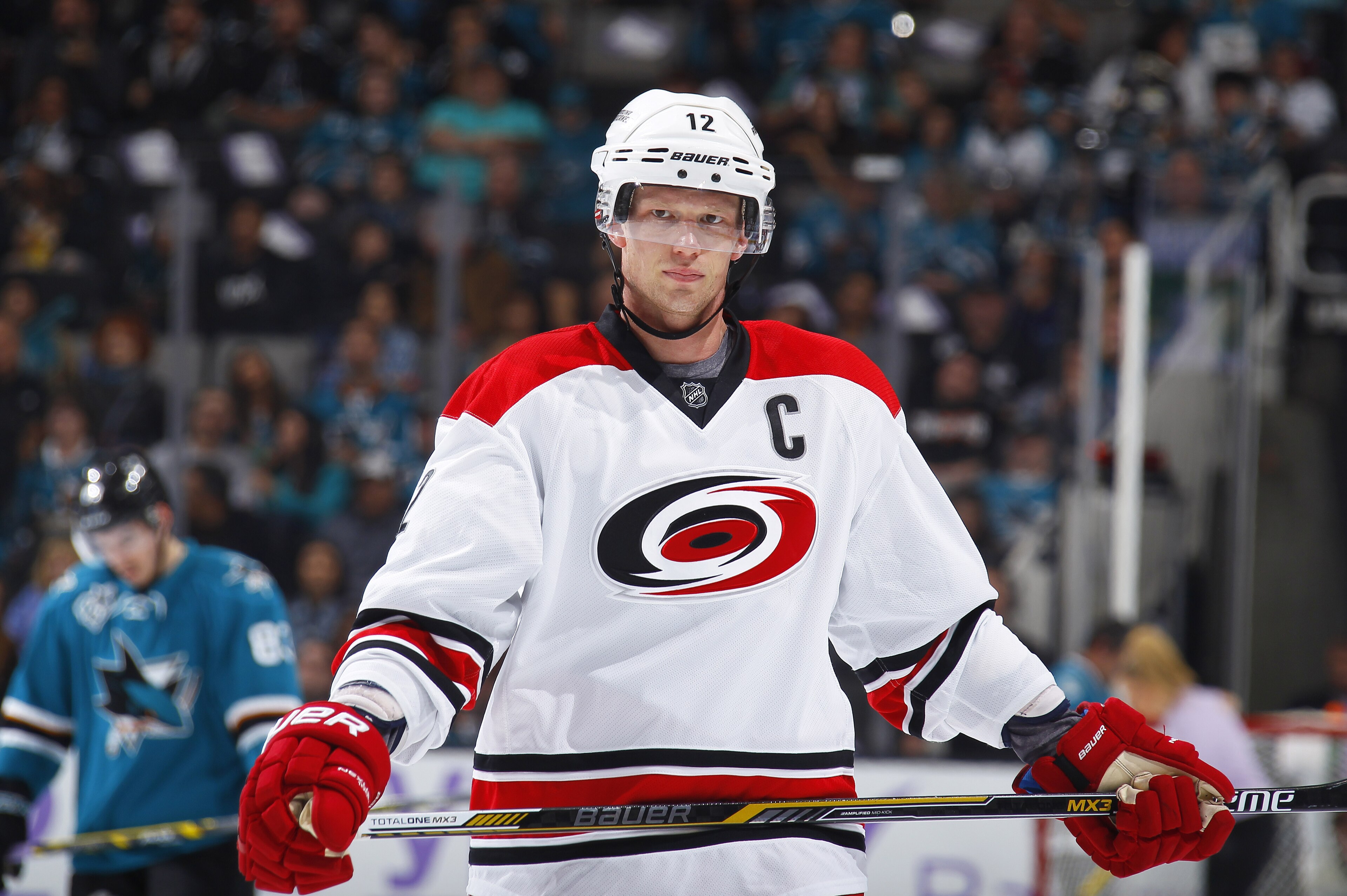 SAN JOSE, CA - OCTOBER 24: Eric Staal #12 of the Carolina Hurricanes looks on during the game against the San Jose Sharks at SAP Center on October 24, 2015 in San Jose, California. (Photo by Rocky W. Widner/NHL/Getty Images)