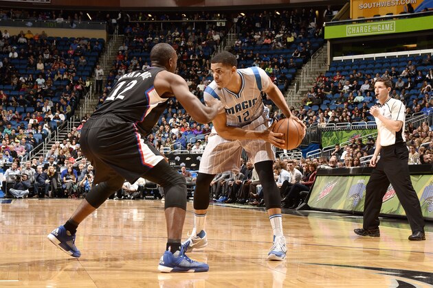 ORLANDO, FL - FEBRUARY 5: Tobias Harris #12 of the Orlando Magic handles the ball during the game against Luc Richard Mbah a Moute #12 of the Los Angeles Clippers on February 5, 2016 at Amway Center in Orlando, Florida. NOTE TO USER: User expressly acknowledges and agrees that, by downloading and or using this photograph, User is consenting to the terms and conditions of the Getty Images License Agreement. Mandatory Copyright Notice: Copyright 2016 NBAE (Photo by Fernando Medina/NBAE via Getty Images)