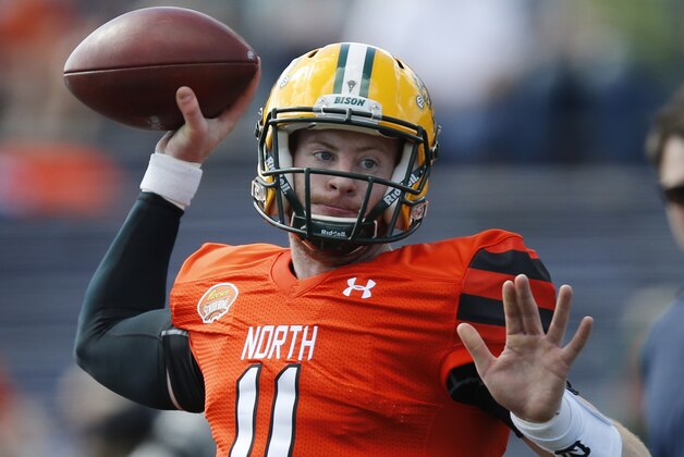 North Dakota State quarterback Carson Wentz warms up before the Senior Bowl NCAA college football game, Saturday, Jan. 30, 2016, at Ladd–Peebles Stadium, in Mobile, Ala. (AP Photo/Brynn Anderson)