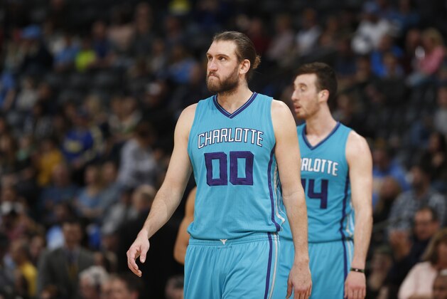 Charlotte Hornets forward Spencer Hawes (00) during the second half of an NBA basketball game  Sunday, Jan. 10, 2016, in Denver. The Nuggets won 95-92. (AP Photo/David Zalubowski)