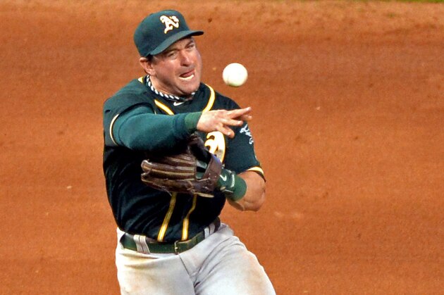 Jun 29, 2014; Miami, FL, USA; Oakland Athletics shortstop Nick Punto (1) throws over to first base during the sixth inning against the Miami Marlins at Marlins Ballpark. Mandatory Credit: Steve Mitchell-USA TODAY Sports