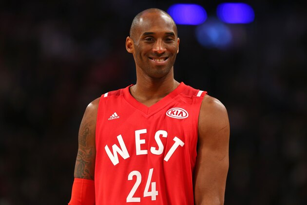 TORONTO, ON - FEBRUARY 14:  Kobe Bryant #24 of the Los Angeles Lakers and the Western Conference smiles in the first half against the Eastern Conference during the NBA All-Star Game 2016 at the Air Canada Centre on February 14, 2016 in Toronto, Ontario. NOTE TO USER: User expressly acknowledges and agrees that, by downloading and/or using this Photograph, user is consenting to the terms and conditions of the Getty Images License Agreement.  (Photo by Elsa/Getty Images)