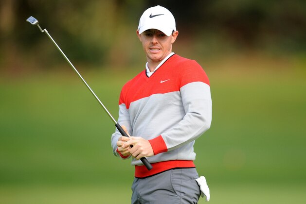 Feb 18, 2016; Pacific Palisades, CA, USA; Rory McIlroy reacts after he putts on the fifteenth hole green during the first round of the Northern Trust Open golf tournament at Riviera Country Club. Mandatory Credit: Gary A. Vasquez-USA TODAY Sports