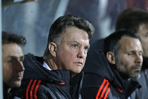 Manchester United's coach Louis van Gaal watches their Europa League round of 32 first leg soccer match against FC Midtjylland at MCH Arena in Herning, Denmark, Thursday, Feb. 18, 2016. (Jens Dresling / Polfoto via AP) DENMARK OUT