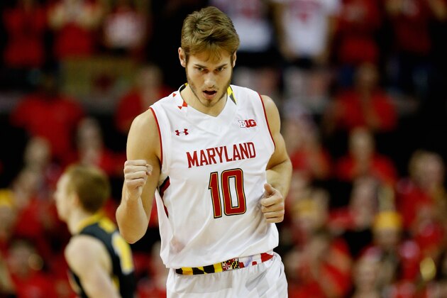 COLLEGE PARK, MD - JANUARY 28: Jake Layman #10 of the Maryland Terrapins celebrates after hitting a three pointer against the Iowa Hawkeyes in the first half at Xfinity Center on January 28, 2016 in College Park, Maryland.  (Photo by Rob Carr/Getty Images)