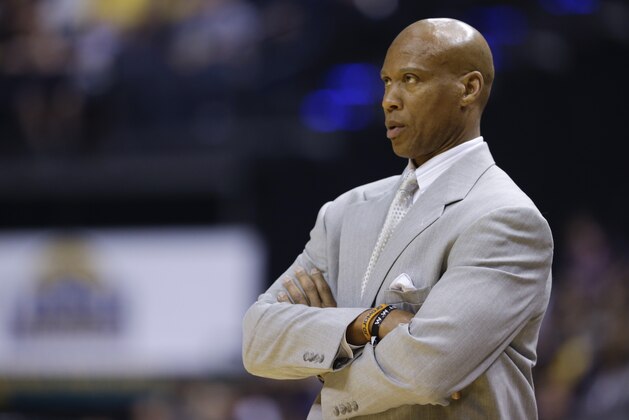 Los Angeles Lakers head coach Byron Scott during the first half of an NBA basketball game against the Indiana Pacers in Indianapolis, Monday, Feb. 8, 2016. (AP Photo/Michael Conroy)