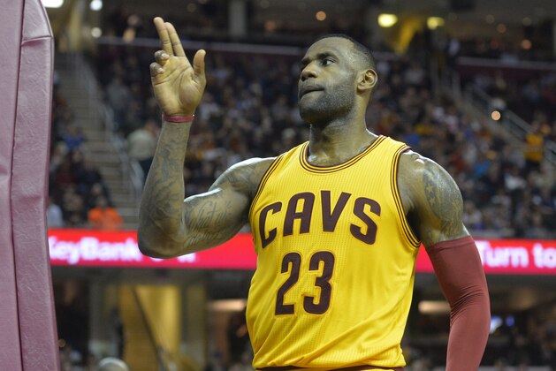 Feb 6, 2016; Cleveland, OH, USA; Cleveland Cavaliers forward LeBron James (23) reacts after being foul in the fourth quarter against the New Orleans Pelicans at Quicken Loans Arena. Mandatory Credit: David Richard-USA TODAY Sports