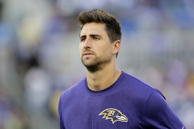 Baltimore Ravens tight end Dennis Pitta walks on the field during NFL football training camp, Monday, Aug. 3, 2015, in Baltimore. (AP Photo/Patrick Semansky)
