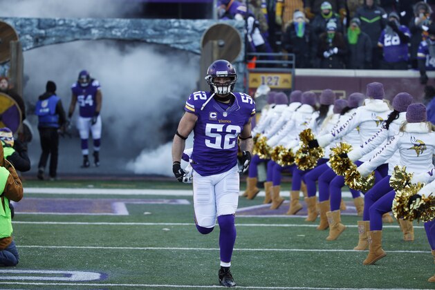Minnesota Vikings linebacker Chad Greenway (52) is introduced before an NFL wild-card football game against the Seattle Seahawks, Sunday, Jan. 10, 2016, in Minneapolis. (AP Photo/Jim Mone)