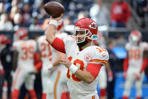 Kansas City Chiefs quarterback Chase Daniel (10) throws prior to an NFL football game against the Houston Texans, Saturday, Jan. 9, 2016, in Houston. (AP Photo/George Bridges)