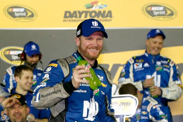 DAYTONA BEACH, FL - FEBRUARY 18:  Dale Earnhardt Jr., driver of the #88 Nationwide Chevrolet, celebrates in Victory Lane after winning the NASCAR Sprint Cup Series Can-Am Duels at Daytona International Speedway on February 18, 2016 in Daytona Beach, Florida.  (Photo by Brian Lawdermilk/Getty Images)