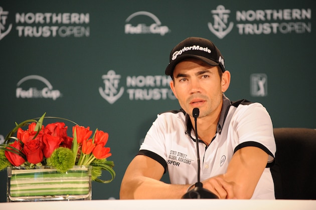 Feb 18, 2016; Pacific Palisades, CA, USA; Camilo Villegas speaks to media following the first round of the Northern Trust Open golf tournament at Riviera Country Club. Mandatory Credit: Gary A. Vasquez-USA TODAY Sports