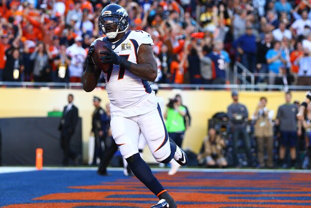 Feb 7, 2016; Santa Clara, CA, USA; Denver Broncos defensive end Malik Jackson (97) celebrates after recovering a fumble by Carolina Panthers quarterback Cam Newton (not pictured) for a touchdown in the first quarter in Super Bowl 50 at Levi's Stadium. Mandatory Credit: Mark J. Rebilas-USA TODAY Sports