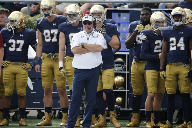 FILE - In this Sept. 26, 2015 file photo, Notre Dame head coach Brian Kelly watches his team from the sidelines during the first half of an NCAA college football game against Massachusetts in South Bend, Ind. Notre Dame won 62-27.  The question facing sixth-ranked Notre Dame heading into a game at No. 12 Clemson is just how good are the Fighting Irish with four victories against opponents with combined records of 4-11? (AP Photo/Charles Rex Arbogast)