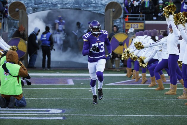 Minnesota Vikings cornerback Terence Newman (23) is introduced before an NFL wild-card football game against the Seattle Seahawks, Sunday, Jan. 10, 2016, in Minneapolis. (AP Photo/Jim Mone)