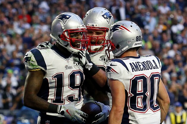 GLENDALE, AZ - FEBRUARY 01:   Brandon LaFell #19 celebrates after a touchdown with Danny Amendola #80 of the New England Patriots against the Seattle Seahawks in the second quarter during Super Bowl XLIX at University of Phoenix Stadium on February 1, 2015 in Glendale, Arizona.  (Photo by Tom Pennington/Getty Images)