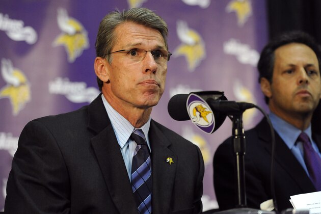 EDEN PRAIRIE, MN - SEPTEMBER 17: General Manager Rick Spielman and Owner Mark Wilf of the Minnesota Vikings speaks to the media during a press conference on September 17, 2014 at Winter Park in Eden Prairie, Minnesota. The Vikings addressed their decision to put Adrian Peterson on the commissioner's exempt list until Peterson's child-abuse case has been resolved. (Photo by Hannah Foslien/Getty Images)