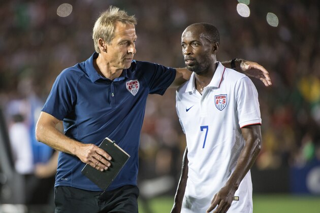 PASADENA, CA - OCTOBER 10: Head coach Jurgen Klinsmann of the United States comforts DaMarcus Beasley #7 of the United States following the CONCACAF Cup between the United States and Mexico at the Rose Bowl on October 10, 2015 in Pasadena, California.  (Photo by Shaun Clark/Getty Images)