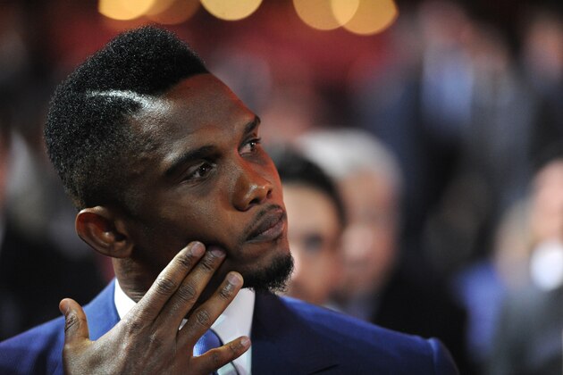 Cameroon's striker and draw assistant Samuel Eto'o waits for the start of the preliminary draw for the 2018 World Cup qualifiers at the Konstantin Palace in Saint Petersburg on July 25, 2015.  AFP PHOTO / OLGA MALTSEVA        (Photo credit should read OLGA MALTSEVA/AFP/Getty Images)