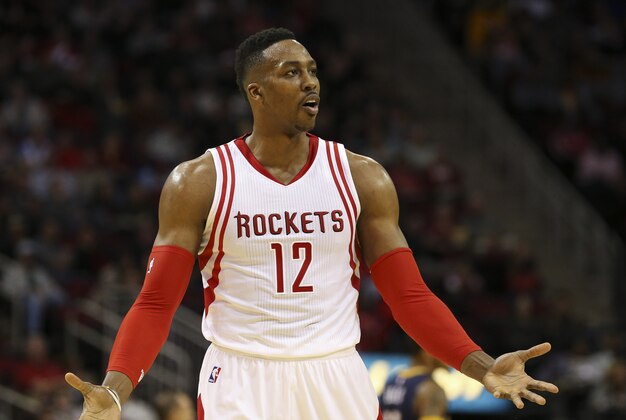 Jan 10, 2016; Houston, TX, USA; Houston Rockets center Dwight Howard (12) reacts after a play during the second quarter against the Indiana Pacers at Toyota Center. Mandatory Credit: Troy Taormina-USA TODAY Sports
