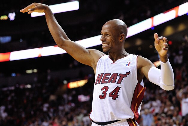 Apr 6, 2014; Miami, FL, USA; Miami Heat guard Ray Allen (34) reacts after missing a three point basket against the New York Knicks during the second half at American Airlines Arena. Miami won 102-91. Mandatory Credit: Steve Mitchell-USA TODAY Sports