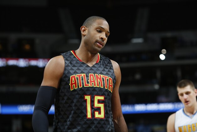 Atlanta Hawks center Al Horford (15) in the first half of an NBA basketball game Monday, Jan. 25, 2016, in Denver. (AP Photo/David Zalubowski)