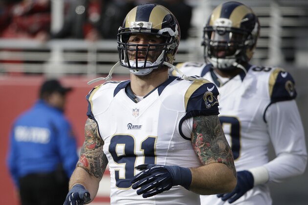 St. Louis Rams defensive end Chris Long (91) warms up before an NFL football game against the San Francisco 49ers in Santa Clara, Calif., Sunday, Jan. 3, 2016. (AP Photo/Marcio Jose Sanchez)