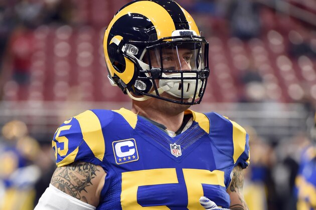 St. Louis Rams linebacker James Laurinaitis warms up before the start of an NFL football game between the St. Louis Rams and the Arizona Cardinals on Sunday, Dec. 6, 2015, in St. Louis. (AP Photo/L.G. Patterson)