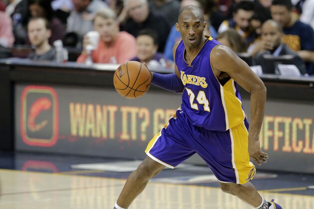 Los Angeles Lakers' Kobe Bryant drives to the basket against the Cleveland Cavaliers in the first half of an NBA basketball game Wednesday, Feb. 10, 2016, in Cleveland. (AP Photo/Tony Dejak)