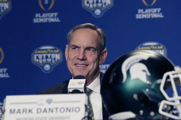 Michigan State head coach Mark Dantonio smiles during a news conference for the NCAA Cotton Bowl college football game Wednesday, Dec. 30, 2015, in Arlington, Texas. (AP Photo/LM Otero)