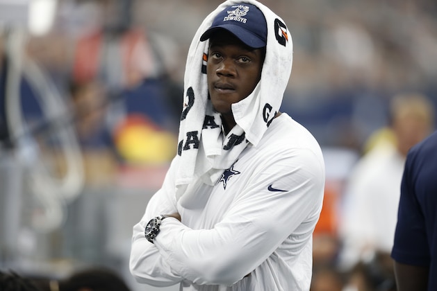 Dallas Cowboys' Randy Gregory watches play from the sideline during an NFL football game against the Atlanta Falcons Sunday, Sept. 27, 2015, in Arlington, Texas. (AP Photo/Brandon Wade)