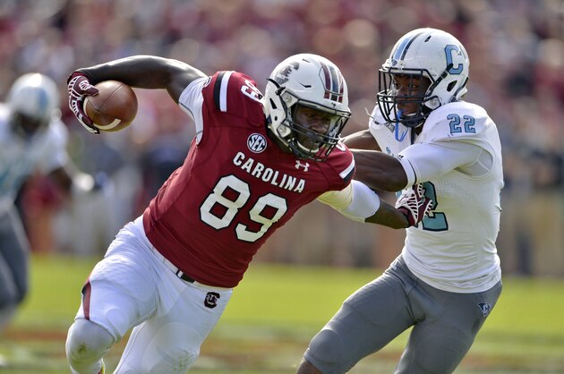 South Carolina's Jerell Adams runs out of the tackle attempt of by Citadel's Dondray Copeland for a first down in the first half of an NCAA college football game Saturday, Nov. 21, 2015,  in Columbia,  S.C. (AP Photo/Richard Shiro)