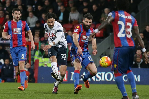Tottenham Hotspur’s Nacer Chadli shoots and scores his sides third goal of the game during the English Premier League soccer match between Crystal Palace and Tottenham Hotspur at Selhurst Park in London, Saturday Jan. 23, 2016. Spurs won the match 3-1.(AP Photo/Tim Ireland)