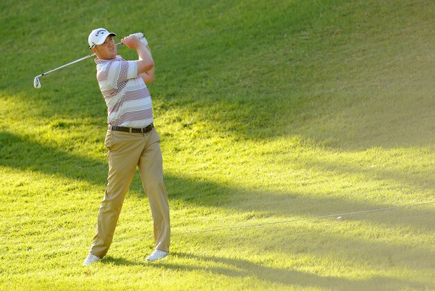 February 19, 2016; Pacific Palisades, CA, USA; Jason Kokrak hits from the eighteenth hole fairway during the second round of the Northern Trust Open golf tournament at Riviera Country Club. Mandatory Credit: Gary A. Vasquez-USA TODAY Sports