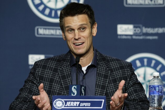 Seattle Mariners general manager Jerry Dipoto talks to reporters Thursday, Jan. 28, 2016 in Seattle during the team's annual briefing before the start of baseball spring training. (AP Photo/Ted S. Warren)