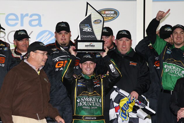 DAYTONA BEACH, FL - FEBRUARY 19:  Johnny Sauter, driver of the #21 Smokey Mountain Herbal Snuff Chevrolet, celebrates in Victory Lane after winning the NASCAR Camping World Truck Series NextEra Energy Resources 250 at Daytona International Speedway on February 19, 2016 in Daytona Beach, Florida.  (Photo by Sean Gardner/Getty Images)