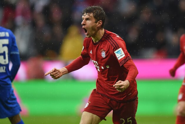 Bayern Munich's striker Thomas Mueller celebrates after the second goal for Munich during the German first division Bundesliga football match Bayern Munich and SV Darmstadt 98 in Munich, on February 20, 2016. / AFP / CHRISTOF STACHE / RESTRICTIONS: DURING MATCH TIME: DFL RULES TO LIMIT THE ONLINE USAGE TO 15 PICTURES PER MATCH AND FORBID IMAGE SEQUENCES TO SIMULATE VIDEO. == RESTRICTED TO EDITORIAL USE == FOR FURTHER QUERIES PLEASE CONTACT DFL DIRECTLY AT + 49 69 650050
        (Photo credit should read CHRISTOF STACHE/AFP/Getty Images)