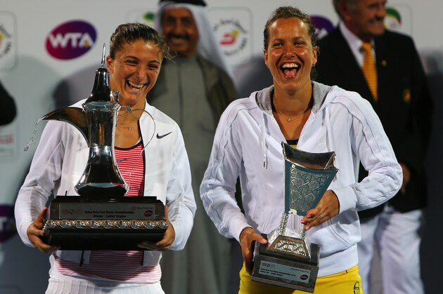 Italian tennis player Sara Errani (L) poses with the winner's trophy after beating Czech player Barbora Strycova (R) in the semi-final WTA tennis match of the Dubai Duty Free Tennis Championships, on February 20, 2016.
Sara Errani (ITA) beat Barbora Strycova (CZE) 6-0, 6-2

 / AFP / MARWAN NAAMANI        (Photo credit should read MARWAN NAAMANI/AFP/Getty Images)
