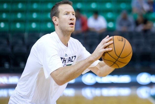 Oct 13, 2014; Salt Lake City, UT, USA; Utah Jazz forward Steve Novak (16) warms up prior to the game against the Los Angeles Clippers at EnergySolutions Arena. The Jazz won 102-89. Mandatory Credit: Russ Isabella-USA TODAY Sports
