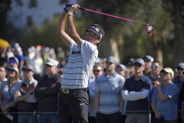 Bubba Watson tees off on the second hole in the third round of the Northern Trust Open golf tournament Saturday, Feb. 20, 2016, in the Pacific Palisades area of Los Angeles.(AP Photo/Mark J. Terrill)