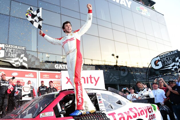 DAYTONA BEACH, FL - FEBRUARY 20:  Chase Elliott, driver of the #88 TaxSlayer.com Chevrolet, celebrates winning the NASCAR XFINITY Series PowerShares QQQ 300 at Daytona International Speedway on February 20, 2016 in Daytona Beach, Florida.  (Photo by Jared C. Tilton/Getty Images)