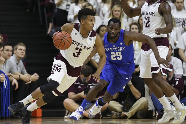 Feb 20, 2016; College Station, TX, USA; Texas A&M Aggies guard Admon Gilder (3) dribbles the ball as Kentucky Wildcats guard Dominique Hawkins (25) defends during the first half at Reed Arena. Mandatory Credit: Troy Taormina-USA TODAY Sports