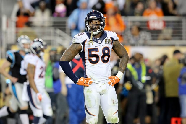 Denver Broncos’ Von Miller (58) is seen against the Carolina Panthers during the NFL Super Bowl 50 football game Sunday, Feb. 7, 2016, in Santa Clara, Calif.  (AP Photo/Gregory Payan)