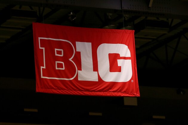 PISCATAWAY, NJ - FEBRUARY 08:  A Big Ten banner logo is seen hung from the rafters of the Louis Brown Athletic Center as the Ohio State Buckeyes play against the Rutgers Scarlet Knights during their Big Ten conference game at Rutgers Athletic Center on February 8, 2015 in Piscataway, New Jersey.  (Photo by Chris Chambers/Getty Images)