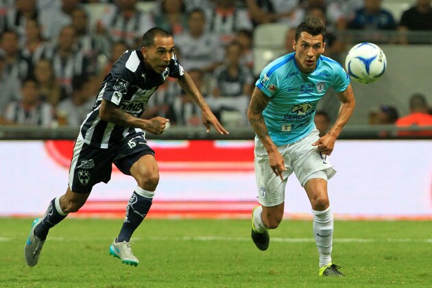 Edgar Castillo (L) of Monterrey vies for the ball with Ruben Botta (R) of Pachuca, during their Mexican Apertura 2015 tournament football match on August 11, 2015, in Guadalupe, Nuevo Leon State.  AFP PHOTO/CARLOS RAMIREZ        (Photo credit should read CARLOS RAMIREZ/AFP/Getty Images)