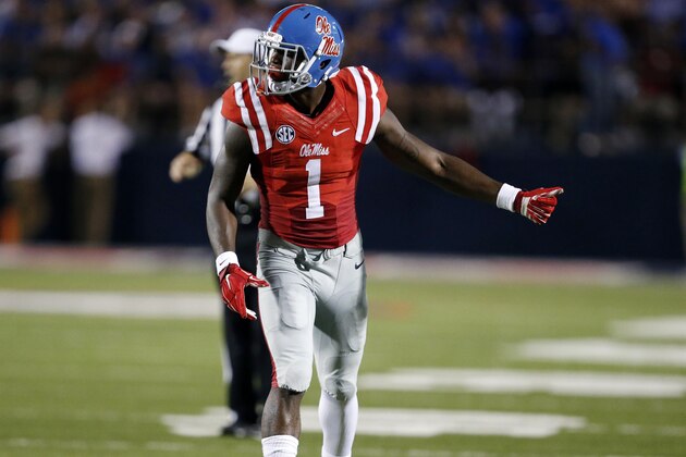 Mississippi wide receiver Laquon Treadwell (1) lines up for a play against Memphis in the first half of an NCAA college football game in Oxford, Miss., Saturday, Sept. 27, 2014. (AP Photo/Rogelio V. Solis)