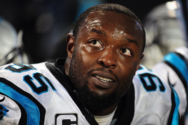 CHARLOTTE, NC - JANUARY 24: Charles Johnson #95 of the Carolina Panthers watches the action against the Arizona Cardinals during the NFC Championship Game at Bank Of America Stadium on January 24, 2016 in Charlotte, North Carolina. (Photo by Scott Cunningham/Getty Images)